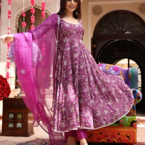 Floral Lavender Hues Printed Chanderi Suit Set