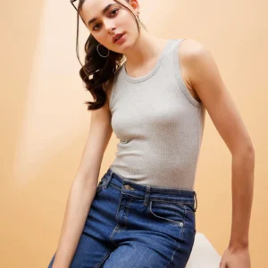 Women Grey Rib Sleeveless Top