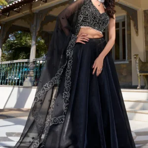 Satin Silk Plain Party Wear Black Lehenga For Women