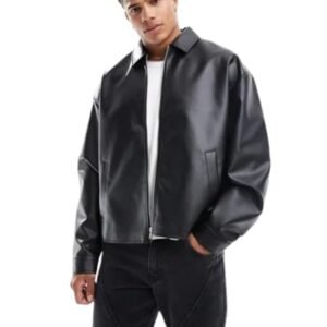 Men's Black Leather Bomber Jacket With Front Zip Closure And Minimal Design